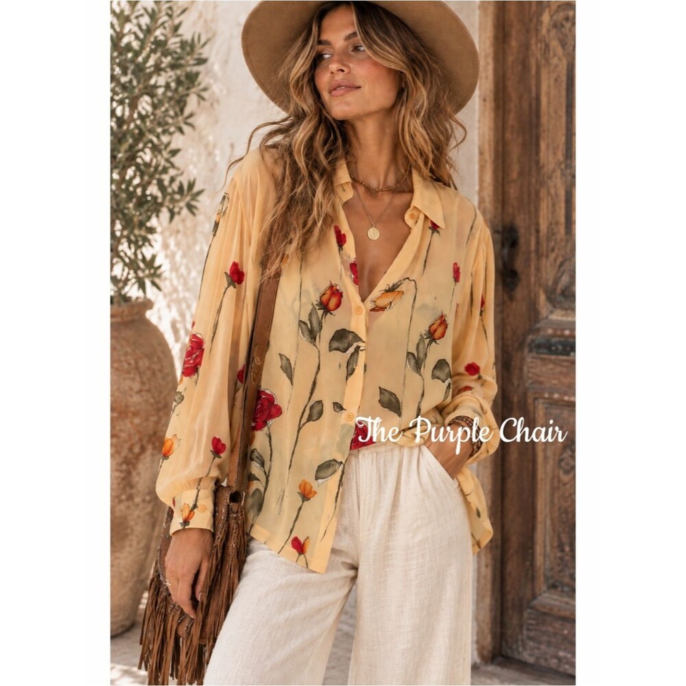 Vintage Johnny Was Collection Floral Button Front Blouse Boho Semi-Sheer S